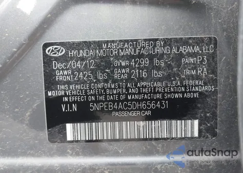 2013 Hyundai Sonata Gls from USA, damaged, VIN 5NPEB4AC5DH656431